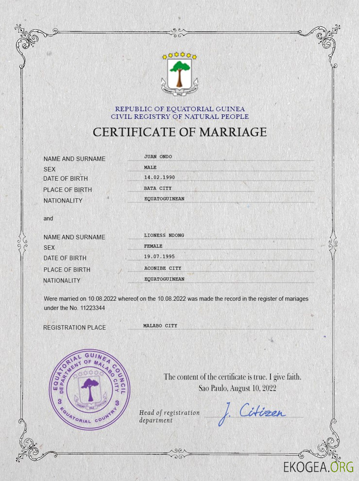 Modèle PSD de certificat de mariage de Guinée équatoriale